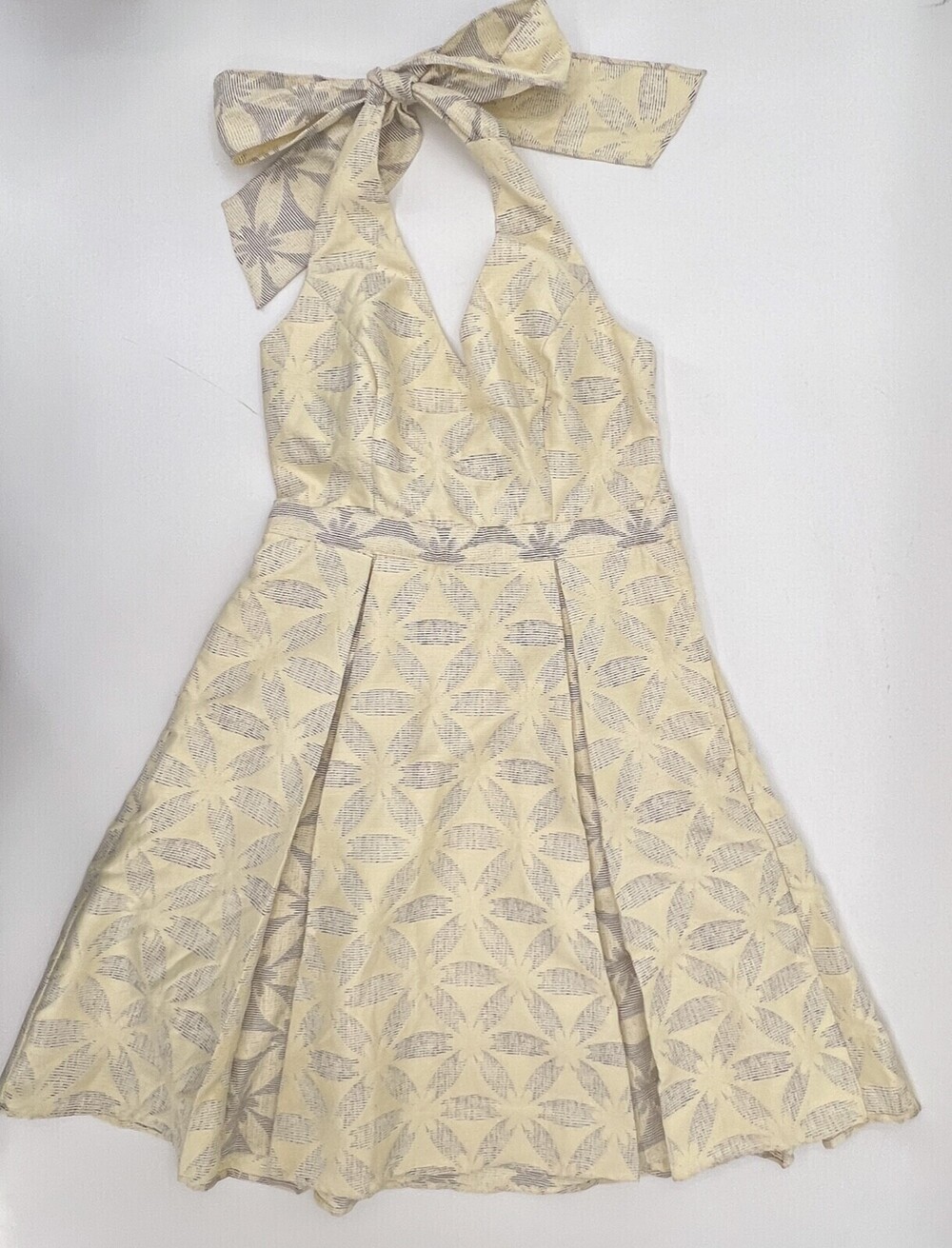 ModCloth Dress Womens Small Ivory Halter Top Fit Flare Brocade Pockets Open Back